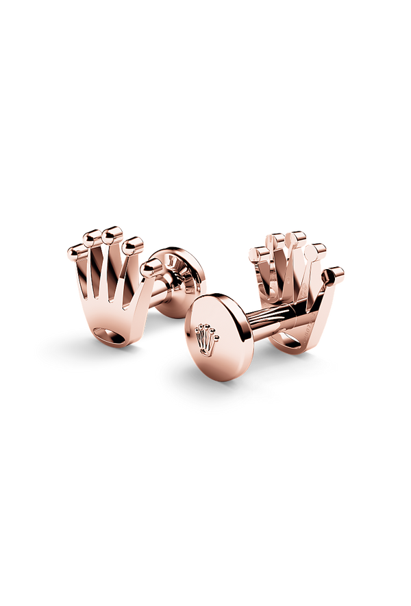 Rolex cufflinks made of 18ct Everose gold and shaped in the form of the signature Rolex crown.
