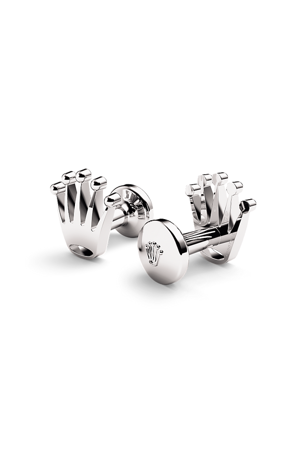 Rolex cufflinks made of 18ct white gold and shaped in the form of the signature Rolex crown.