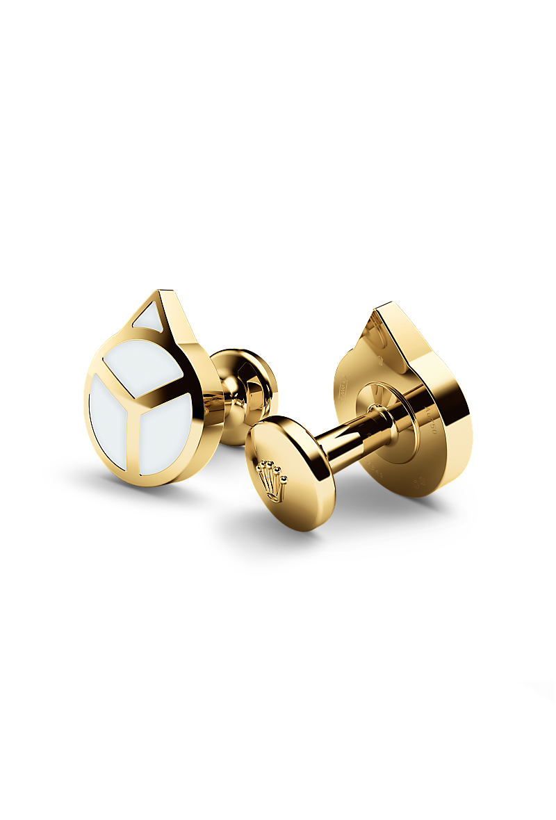 Rolex cufflinks made of 18 ct yellow gold that echo the hour hand found on Professional Rolex watches, equipped with a Chromalight display.