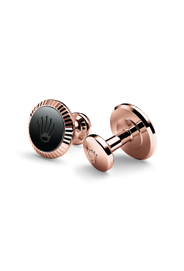 Rolex cufflinks made of 18 ct Everose gold featuring the signature Rolex fluting, Cerachrom insert and Rolex crown.