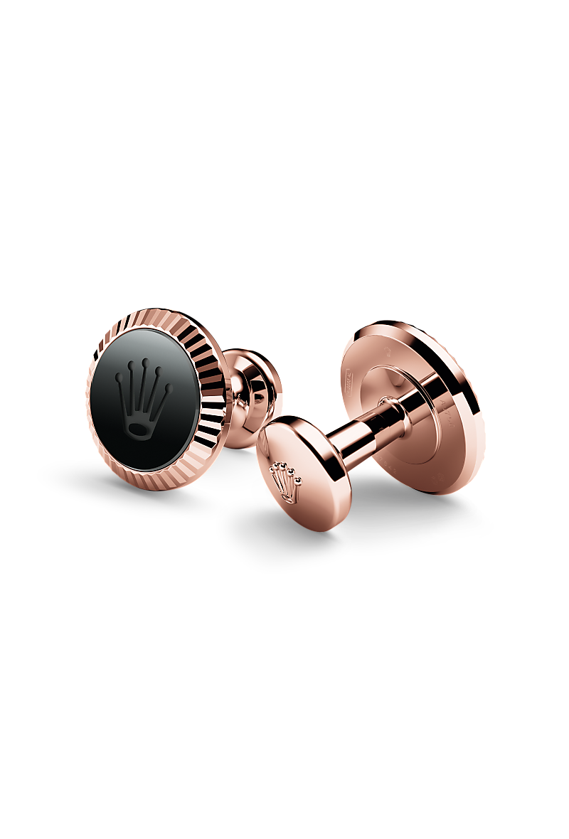 Rolex cufflinks made of 18 ct Everose gold featuring the signature Rolex fluting, Cerachrom insert and Rolex crown.