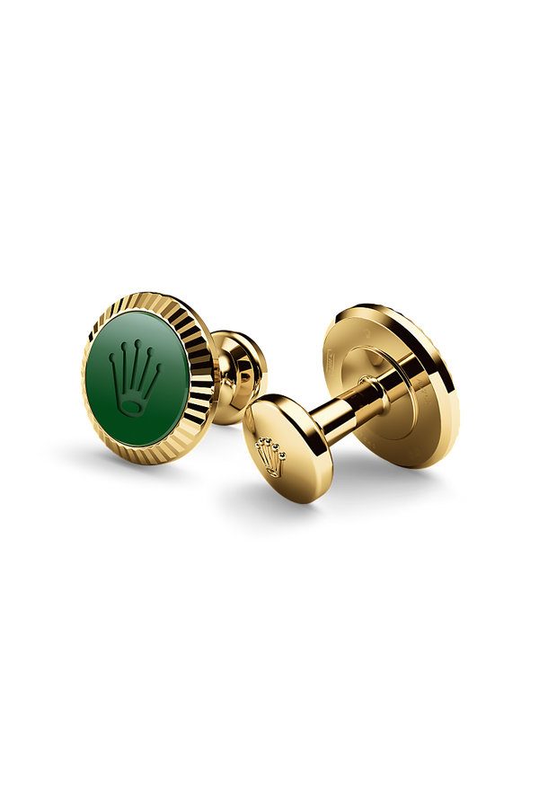 Rolex cufflinks made of 18 ct yellow gold featuring the signature Rolex fluting, Cerachrom insert and Rolex crown.