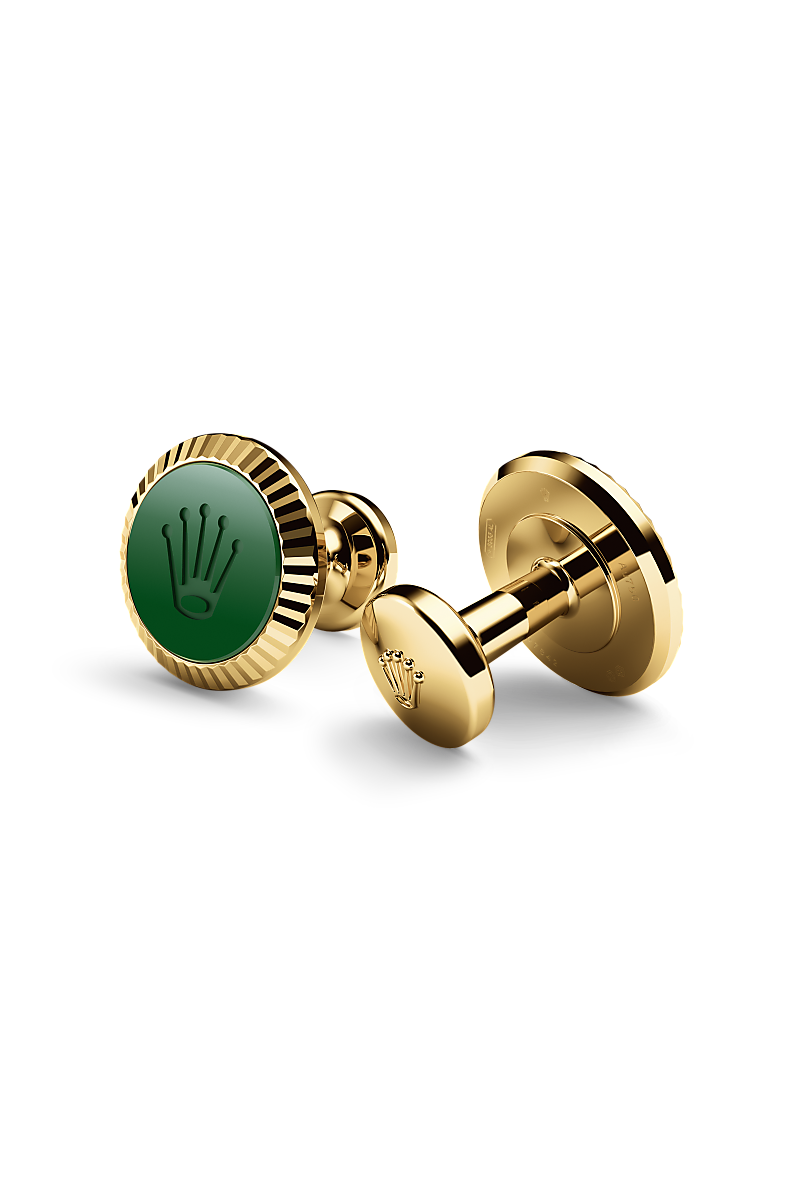 Rolex cufflinks made of 18 ct yellow gold featuring the signature Rolex fluting, Cerachrom insert and Rolex crown.