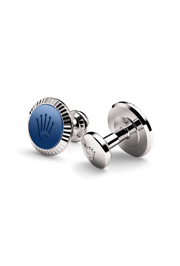 Rolex cufflinks made of 18 ct white gold featuring the signature Rolex fluting, Cerachrom insert and Rolex crown.