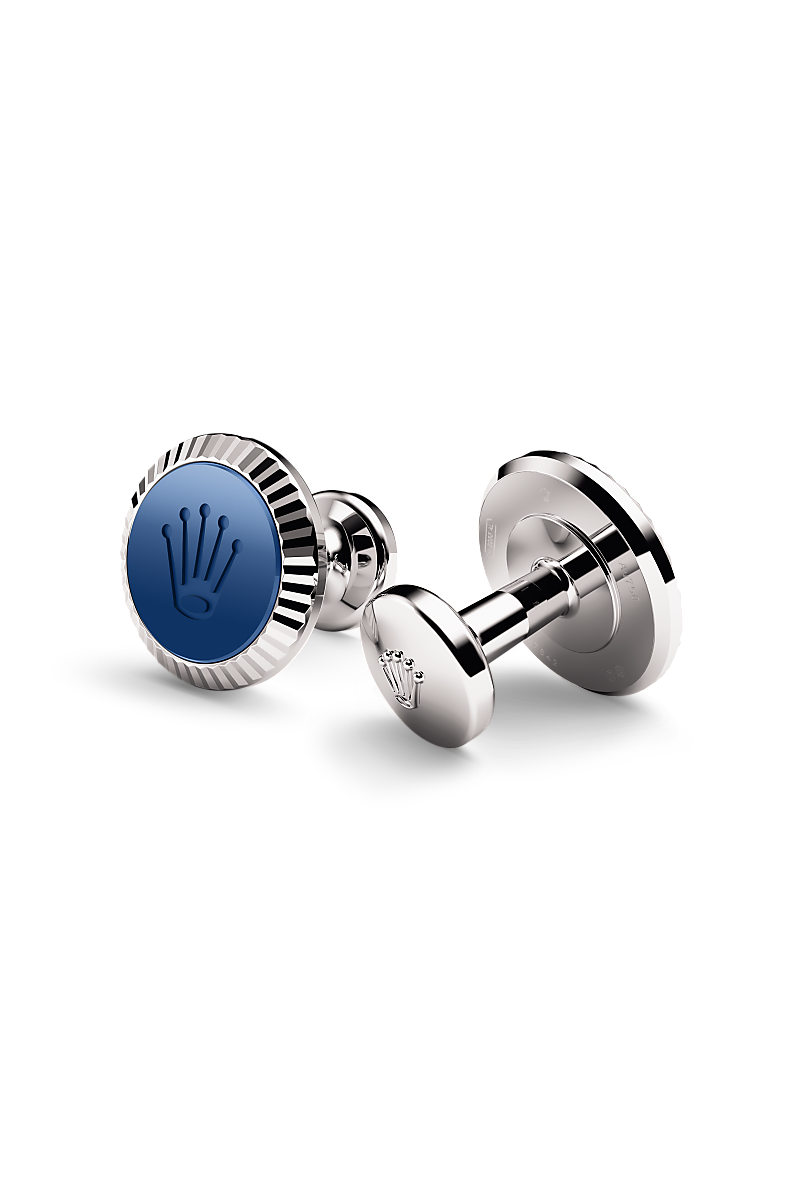 Rolex cufflinks made of 18 ct white gold featuring the signature Rolex fluting, Cerachrom insert and Rolex crown.