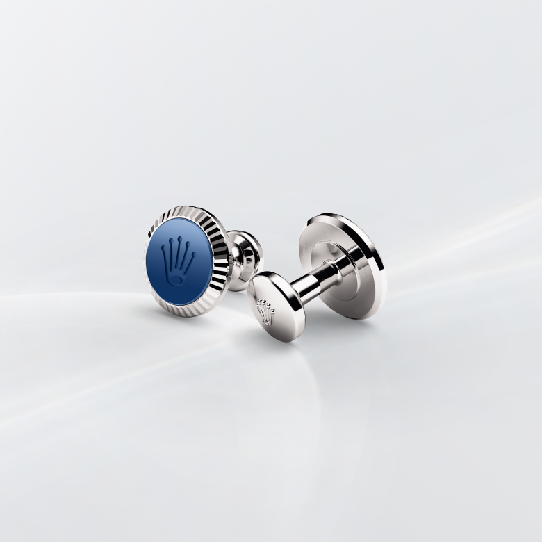Rolex cufflinks made of 18 ct white gold featuring the signature Rolex fluting, Cerachrom insert and Rolex crown.